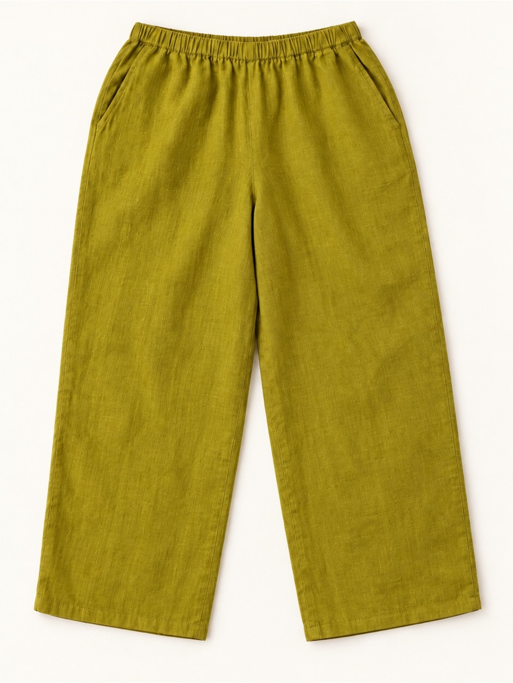 Flax 100% Linen Olive-Chartreuse Green Wide-Leg Elastic-Waist Pants